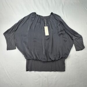 Giusy Silk Blend Lagenlook Dolman Sheer Overlay Gray Banded Blouse with Lining